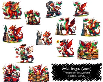 Welsh Dragon Clipart PNG Bundle, Wales Flag Graphics, Celtic Heritage Art (Digital Download)