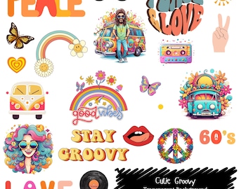 Retro 70s Clipart Bundle: Peace, Love, Groovy PNG (Digital Download)