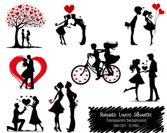 Romantic Lovers Silhouette PNG Bundle, Valentine's Day Couple Graphics (Digital Download)