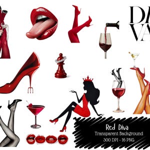 Puede incluir: Un collage de tacones rojos, labios, copas de vino y la silueta de una mujer con un vestido rojo. La palabra "DIVA" se muestra en letras negras en negrita. También está presente el texto "Red Diva Transparent Background".