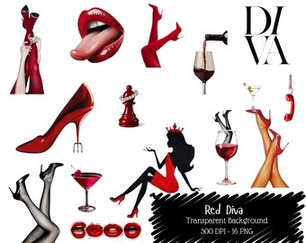 Red Diva Clipart Bundle, Glam Fashion Woman Graphics, Elegant Lady PNG (Digital Download)