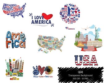 USA Clipart PNG Bundle: Amerikanische Flagge, Landkarte, 4. Juli (Digital Download Pack)