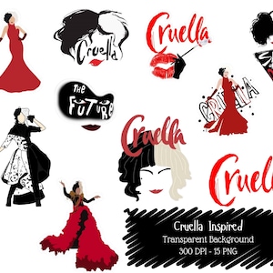 May include: A selection of Cruella-themed graphics on a white backdrop. The images feature illustrations of Cruella de Vil, the word "Cruella" in red script, and the phrase "Speak of the Devil".