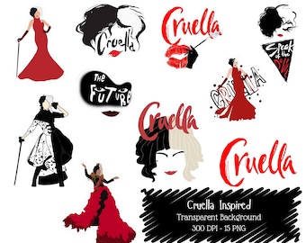 Fashion Villain Clipart PNG Bundle, Cruella Inspired Fashion PNG, Glamorous Villain Woman Clipart, Black White Hair Graphics.