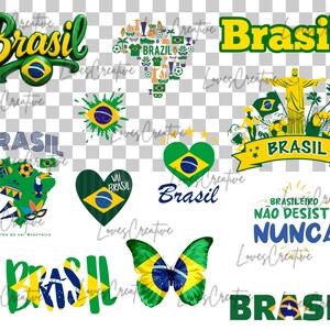 May include: A collection of Brazil-themed graphics in green, yellow, and blue. Designs include the word "Brasil" in various fonts, a map of Brazil, a heart with the Brazilian flag, and a butterfly with the flag's pattern.