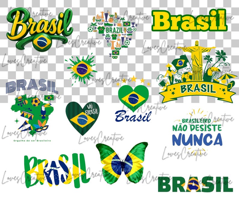 May include: A collection of Brazil-themed graphics in green, yellow, and blue. Designs include the word "Brasil" in various fonts, a map of Brazil, a heart with the Brazilian flag, and a butterfly with the flag's pattern.