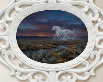 Framed White Horse Landscape 14" Rosewood Hand carved Frame Wall Art | Twilight Sky Print