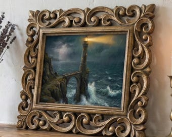 16" Rosewood Hand Carved Frame Dramatic Coast at Sunset Lighthouse Cottage Painting