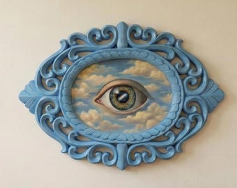 Surreal Giant evil Eye Galaxy Pupil Magritte Style Hyper-Detailed Rosewood Frame 14 inches