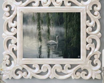 Swan Lake Canvas Art Print, Hand-Carved Rosewood Frame, Serene Nature Decor