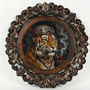 May include: A framed artwork featuring a tiger wearing a vintage aviator helmet and goggles, smoking a pipe. The tiger is set against a floral background within a round, ornate, brown frame. The artwork has a vintage, whimsical style.