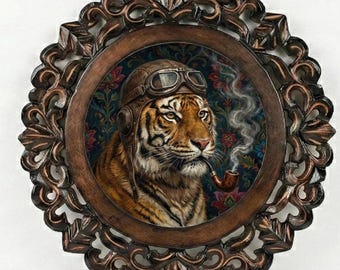 Tiger Aviator Painting Ornate 18" Hand-Carved Round Frame Dark Academia Wall Decor Vintage Style Maximalist Home Art