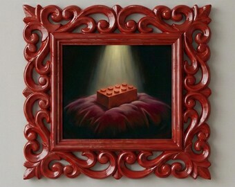 Chiaroscuro LEGO Brick Oil Painting Velvet Pillow Divine Light Dust Motes Hand Carved Rosewood Frame Funny Gift