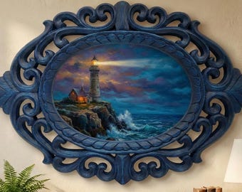 Lighthouse Seascape Oval Blue Frame - Coastal Storm 14 inches Hand-Carved Rosewood