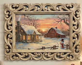 16" Rosewood Hand Carved Frame Winter Cottage & Snowman Painting, Rustic Barn Christmas Wall Art