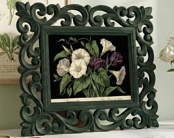 Night Blooming Moonflowers Dark Tulips Rosewood Hand Carved Frame Gothic Botanical Wall Art