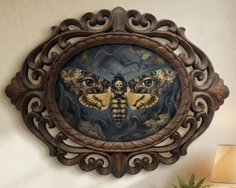 Handcarved Rosewood Frame, Death's Head Hawkmoth Print, Dark Academia Decor (14 inches)