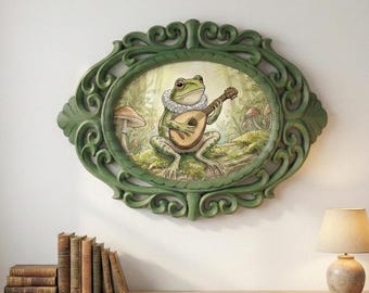 Frog Banjo Art, Whimsical Woodland, Hand-Carved Rosewood Frame