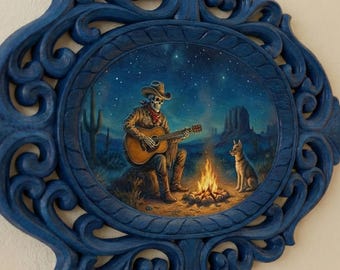 Boho Cowboy Guitar Campfire Art Print in 14" Rosewood Carved Frame - Maximalist Decor