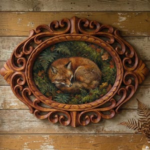 Handcarved Rosewood Frame, Sleeping Fox Painting, Rustic Cottagecore Decor, 14 inch