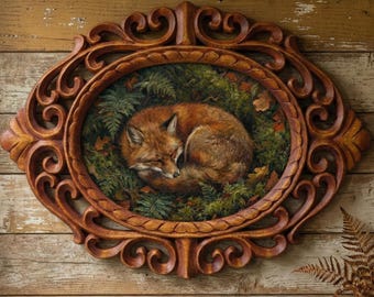 Handcarved Rosewood Frame, Sleeping Fox Painting, Rustic Cottagecore Decor, 14 inch