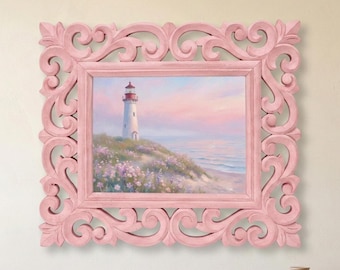 16" Rosewood Hand Carved Frame - Costal Sunset Lighthouse Pink Wall Art | Vintage Farmhouse Home Decor