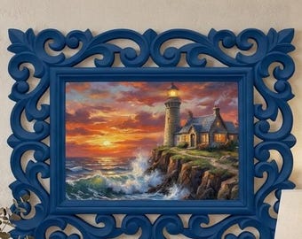 16" Rosewood Hand Carved Frame Dramatic Coast at Sunset Lighthouse Cottage Painting