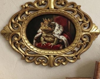 Royal Toad Painting, 14" Golden Hand carved Frame, Renaissance Pet Portrait