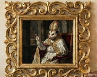 Funny Opossum Pope Art Print Hand Carved Rosewood Frame, Weird Maximalist Wall Art, Gen Z Gift, Quirky Animal Portrait