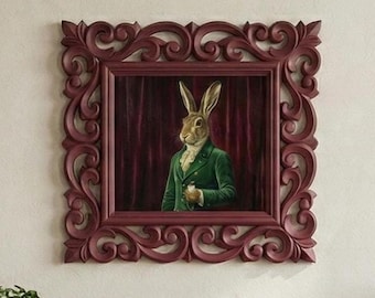 Hand Carved Rosewood Frame Painting, Victorian Hare Portrait, Emerald Green, Anthropomorphic