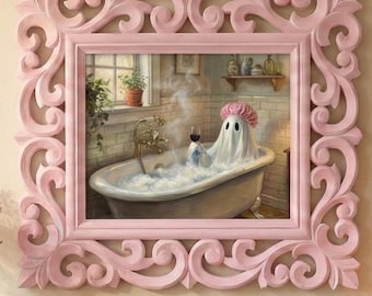 Ghost Bathtub Wall Art, Bubble Bath Painting, Hand Carved Rosewood Frame, Cozy Bathroom Decor