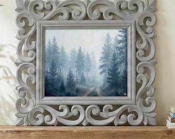 Misty Pine Forest Wall Art in 16 Inch Hand Carved Rosewood Frame, Blue Grey Landscape, Woodland Nature Decor, Serene Cottagecore
