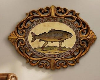 Vintage Trout Fish Art: Hand carved Golden Frame, Eclectic Decor
