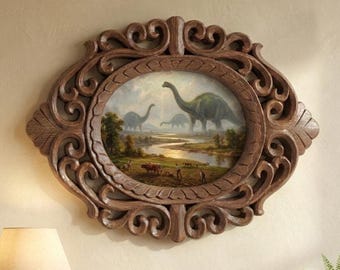 14" Rosewood Hand carved Frame Dinosaur Painting Wall Art Maximalist Decor Whimsical Gifts