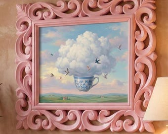 Surrealist Cloud Teacup Painting Art Print, Sky Dreams Hand Carved Rosewood Frame