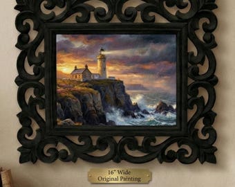 16" Rosewood Hand Carved Frame Dramatic Coast at Sunset Lighthouse Cottage Painting