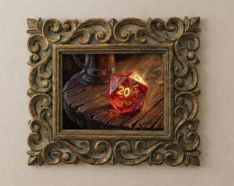 D&D Natural 20 Die Framed Wall Art, Dungeons  Dragons Game Room Decor Lucky Dice Painting Hand Carved Wood Frame Tabletop RPG