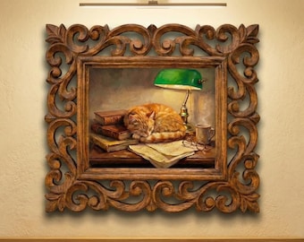 Cozy Cat Reading Nook Art Print, Orange Tabby Cat on Books, Warm Library Wall Art, Vintage Desk Painting, Book Lover Gift Hand Carved Frame
