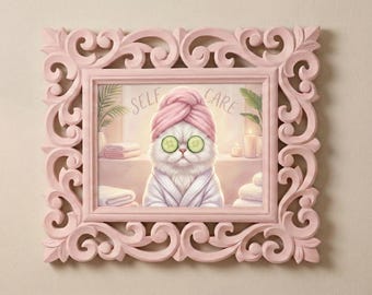 Coquette Cat Art Print Hand Carved Pink Frame | Funny Persian Cat Spa Day | Pink Bathroom Decor | Self Care Gift for Her | Vanity Wall Art