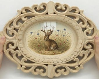 Rosewood Framed Hand carved Jackalope Painting - Rustic Cottagecore Wall Decor maximalist