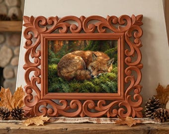 Red Fox Painting Art Print, Forest Wildlife Wall Art, Cozy Sleeping Fox, Hand Carved Rosewood Frame Canvas