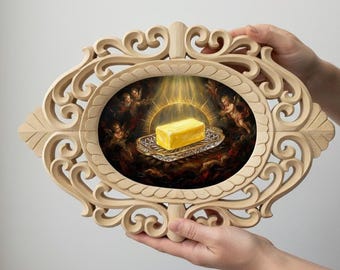 The Holy Butter Block Foodie Art Wall Decor, Rosewood Frame Hand Carved 14 inches