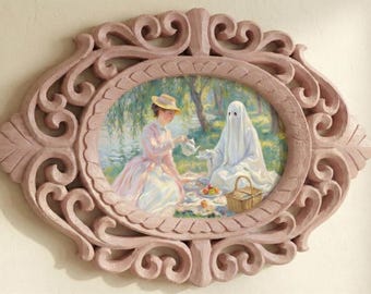 Impressionist Ghost Tea Party Painting, 14" Oval Rosewood Frame