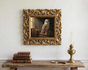 Barn Owl Library Painting Rosewood Hand Carved Frame Dark Academia Victorian Wall Art