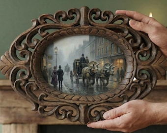 14" Rosewood Hand carved Frame London Triceratops carriage Painting, Whimsical Maximalist Wall Art