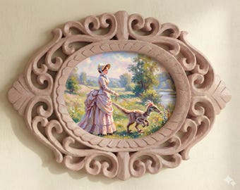 14" Rosewood Hand carved Frame Victorian Lady Walking Dinosaur Painting, Whimsical Maximalist Wall Art