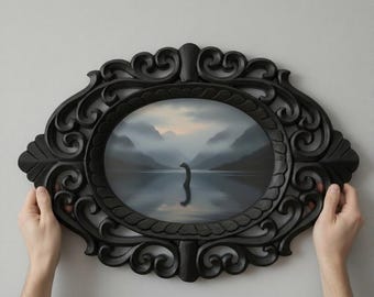Hand carved Rosewood frame Loch Ness Monster Art, Mystical Folklore Decor
