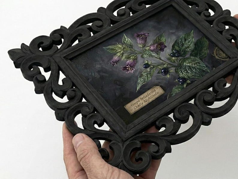 May include: A dark, ornate wooden frame surrounds a botanical illustration of purple belladonna flowers and dark berries. The artwork is set against a dark background, with a small label reading "Atropa belladonna Deadly Nightshade."