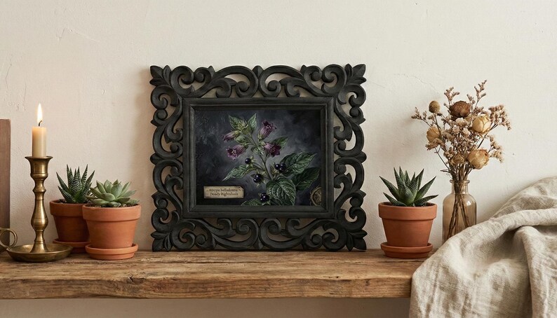 May include: A framed botanical print with a dark, ornate frame. The print features a detailed illustration of a plant with purple flowers and black berries. The scene includes potted succulents, a candle, and dried flowers.