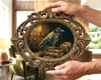 Victorian Crow Oil Painting | Hand-Carved Rosewood Frame, Gothic Wall Art